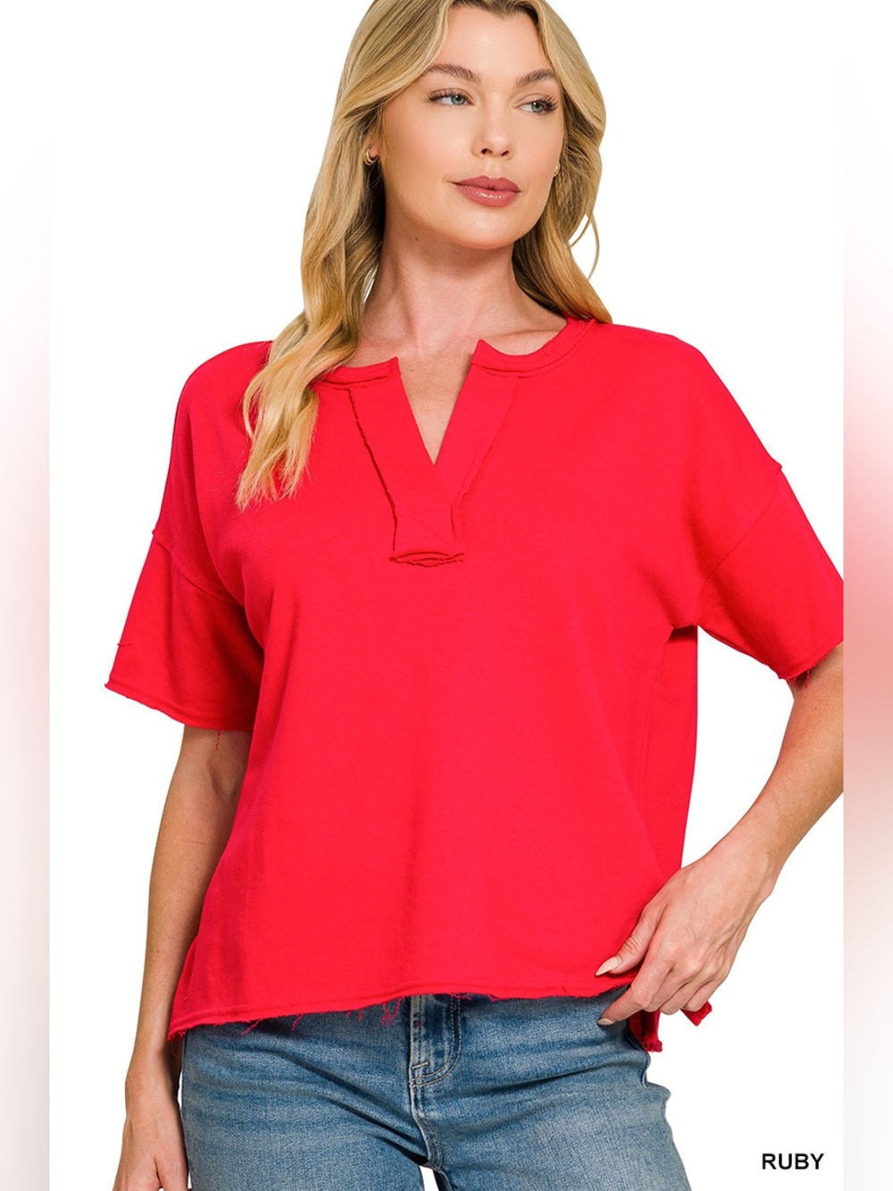 Zenana Ruby French Terry Split Neck Exposed Seam Top